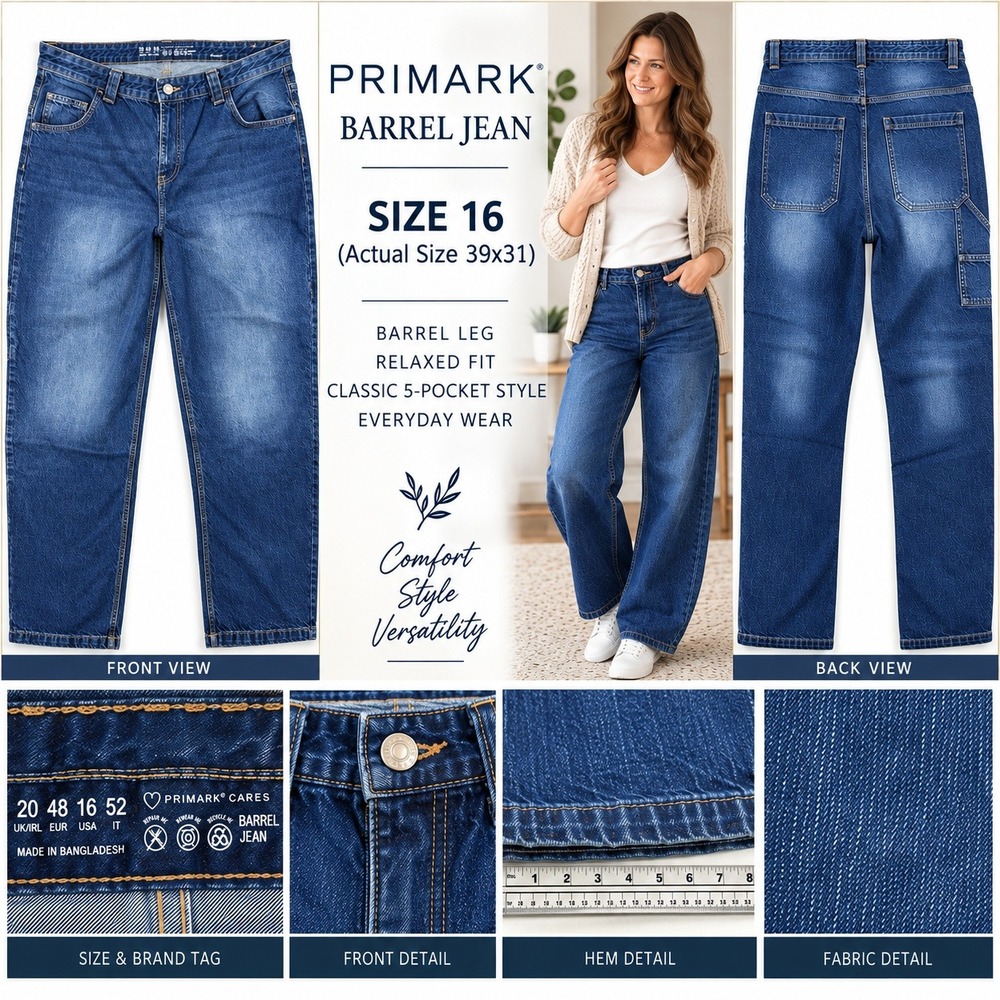 Primark Carpenter Barrel Jeans Womens 16 (39x31) Blue 100% Cotton Baggy #1931